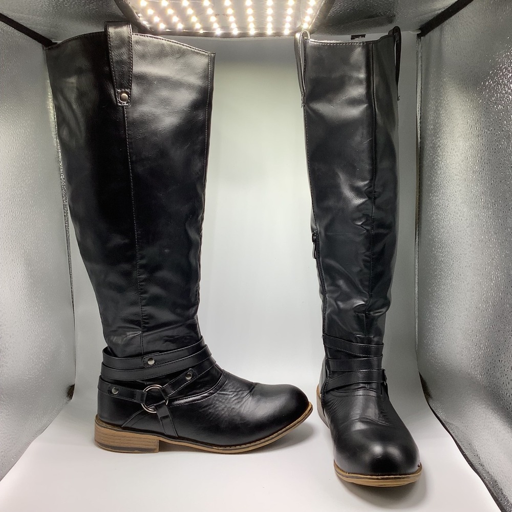 Women's Harness Pull Tabs Riding Boots Black Knee High 8.5‎